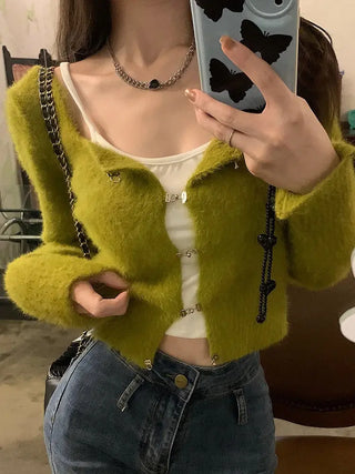 Korean Fashion Solid Slim Knitted Cardigan for Women 2023 New In Autumn Casual Sexy Sweater Cropped Top Y2k 2000s Clothes ALODIA STORE