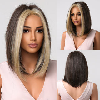Pelucas sintéticas cortas y rectas para mujeres, cabello falso resistente al calor, Rubio a marrón, Ombre, Bob con flequillo, fiesta de Cosplay diaria ALODIA STORE