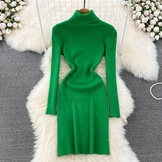 Elegant Turtleneck Long Sleeve Knit Bodycon Pencil Dress Slim Basic Fashion Sweater Vestido Sexy Women Autumn Winter Clothing ALODIA STORE