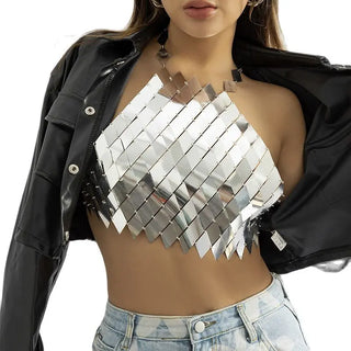 Shiny Plastic Sequins Sexy Backless Crop Tank Tops For Women y2k Hollow Out Halter Shiny Solid Silver Fashion Sequin CropTop ALODIA STORE