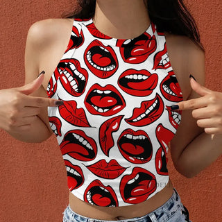 Lips Stars Printeds Summer Slim Render Short Top Sexy Women Sleeveless