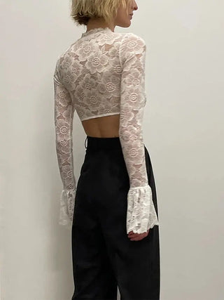 Lace Crochet Crop Top Sexy Womens Flare Long Sleeves O-neck Solid T-shirt 2023 Ladies Fashion Party Club Streetwear Blouse Tops ALODIA STORE