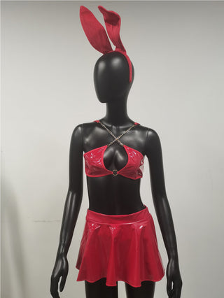Sexy Lingerie Set Women Rabbit Ears Patent Leather Erotic Lingerie Sexy Uniform Rabbit Metal Chain Nightclub Lingerie Clothing ALODIA STORE