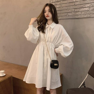QWEEK Shirt Dress Women Korean Style Polo Collar Black ALODIA STORE