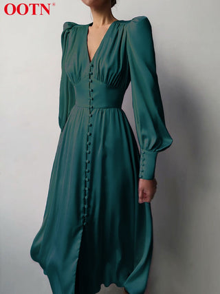 OOTN White Single Breasted Elegant Dress For Women Party Robe High Waist Satin Long Dress Chic Midi Dresses Lantern Sleeve ALODIA STORE