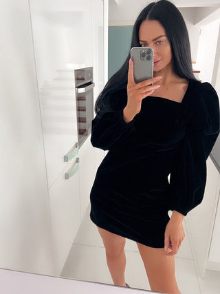 Mnealways18 Evening Puff Sleeve Women Velvet Dress Winter Black Sexy Bodycon Dress Square Collar Mini Party Dresses Elegant 2023 ALODIA STORE