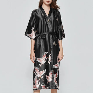 Satin Print Flower Kimono Bath Gown V-Neck Bathrobe Nightgown Summer Loungewear ALODIA STORE