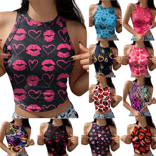 Lips Stars Printeds Summer Slim Render Short Top Sexy Women Sleeveless