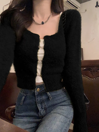 Korean Fashion Solid Slim Knitted Cardigan for Women 2023 New In Autumn Casual Sexy Sweater Cropped Top Y2k 2000s Clothes ALODIA STORE