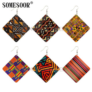 SOMESOOR Geometric African Fabric Style Bohemian Wooden Drop Earrings Afro Ethnic Square Pendant Dangle Jewelry For Women Gifts Alodia Store