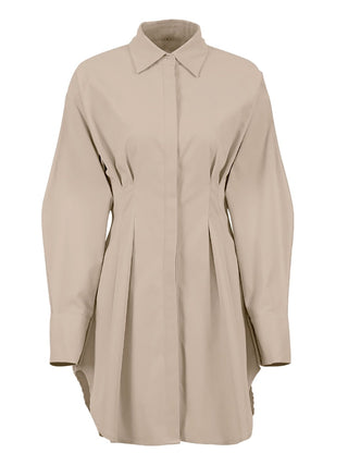 Mnealways18 Spring Summer Bodycon Dress Women Khaki Long Sleeve Pleated Shirt Dress Office Ladies Solid Lapel Casual Mini Dresss ALODIA STORE