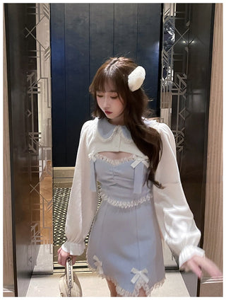 Japanese Kawaill Lolita Dress Women Bow Pink Party Mini Fashion 2 Piece Dress Set 2023 Summer ALODIA STORE