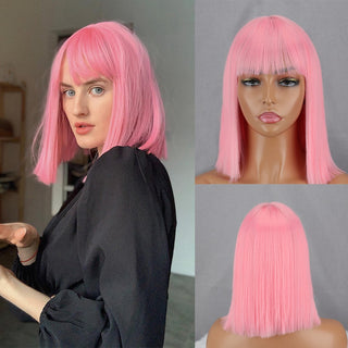 Green Short Bob Wig With Bangs for Women Shoulder Length Synthetic Wigs Cosplay Party Daily Lolita Natural Hair Black Pink Red ALODIA STORE