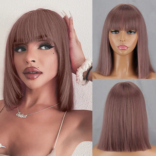 Green Short Bob Wig With Bangs for Women Shoulder Length Synthetic Wigs Cosplay Party Daily Lolita Natural Hair Black Pink Red ALODIA STORE