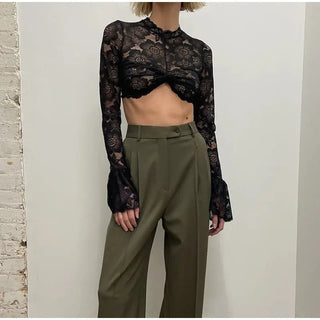 Lace Crochet Crop Top Sexy Womens Flare Long Sleeves O-neck Solid T-shirt 2023 Ladies Fashion Party Club Streetwear Blouse Tops ALODIA STORE