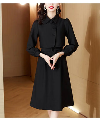 Korean Fashion Casual Two Piece Set Women Elegant Loose Vest CropTops + Long Sleeve Slim Shirt Dress Woman Femme 2 Piece Outfits ALODIA STORE