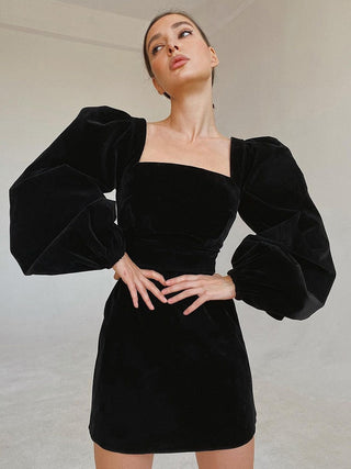 Mnealways18 Evening Puff Sleeve Women Velvet Dress Winter Black Sexy Bodycon Dress Square Collar Mini Party Dresses Elegant 2023 ALODIA STORE