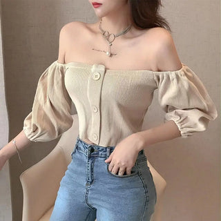 Off Shoulder Woman Tshirts French Puff Sleeve Short Croptop Korean Belly Button Exposed Sexy Shirt Summer Vintage Soild Y2k Tops ALODIA STORE