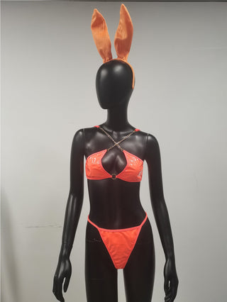Sexy Lingerie Set Women Rabbit Ears Patent Leather Erotic Lingerie Sexy Uniform Rabbit Metal Chain Nightclub Lingerie Clothing ALODIA STORE
