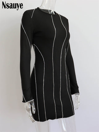 Nsauye Sexy Club Ribber Knitted Y2K Mini Bodycon Party Women Dress Autumn Striped O Neck Long Sleeve Fashion Dress 2023 ALODIA STORE