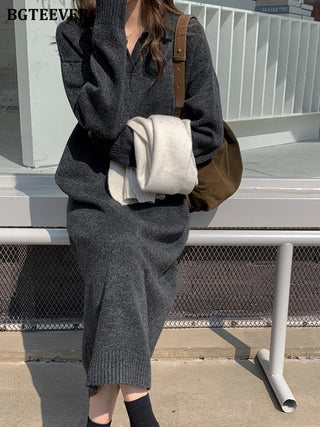 BGTEEVER Casual Thicken Warm Loose Sweater Dress Women Autumn Winter Lapel Full Sleeve Solid Long Knitted Dress Female vestidos ALODIA STORE