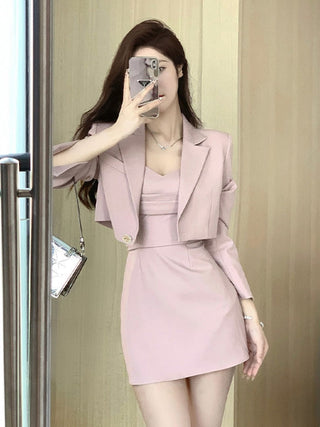 Autumn Pink Two Piece Dress Set Women Blazer Coat+Strap Dress Set Female Casual Korean Fashion ALODIA STORE