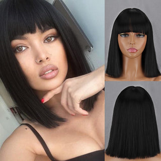 Green Short Bob Wig With Bangs for Women Shoulder Length Synthetic Wigs Cosplay Party Daily Lolita Natural Hair Black Pink Red ALODIA STORE