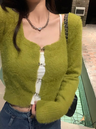 Korean Fashion Solid Slim Knitted Cardigan for Women 2023 New In Autumn Casual Sexy Sweater Cropped Top Y2k 2000s Clothes ALODIA STORE