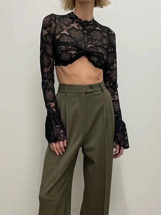 Lace Crochet Crop Top Sexy Womens Flare Long Sleeves O-neck Solid T-shirt 2023 Ladies Fashion Party Club Streetwear Blouse Tops ALODIA STORE