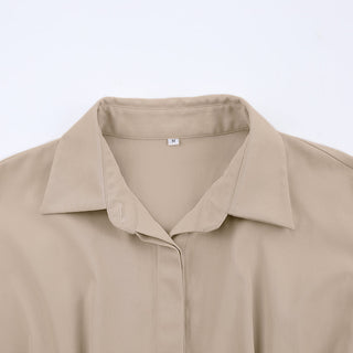Mnealways18 Spring Summer Bodycon Dress Women Khaki Long Sleeve Pleated Shirt Dress Office Ladies Solid Lapel Casual Mini Dresss ALODIA STORE