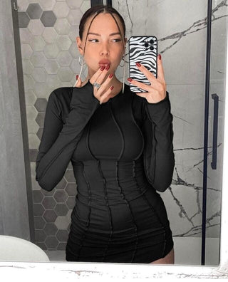JULISSA MO Sexy Solid Patchwork O Neck Mini Dress Women Autumn Bodycon Long Sleeve Slim Fit Elegant Party Club Vestido ALODIA STORE