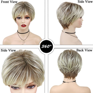 GNIMEGIL Synthetic Hair Blonde Wig with Bangs Natural Short Wig for White Woman High Temperature Blond Ombre Mommy Wig for Daily ALODIA STORE
