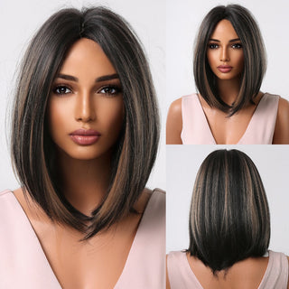 Pelucas sintéticas cortas y rectas para mujeres, cabello falso resistente al calor, Rubio a marrón, Ombre, Bob con flequillo, fiesta de Cosplay diaria ALODIA STORE