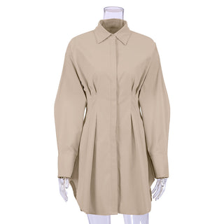 Mnealways18 Spring Summer Bodycon Dress Women Khaki Long Sleeve Pleated Shirt Dress Office Ladies Solid Lapel Casual Mini Dresss ALODIA STORE