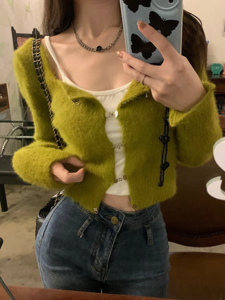 Korean Fashion Solid Slim Knitted Cardigan for Women 2023 New In Autumn Casual Sexy Sweater Cropped Top Y2k 2000s Clothes ALODIA STORE