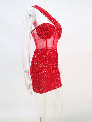 Kricesseen Sexy Glitter Sequined Mesh Patchwork Mini Dress Summer Women Sleeveless One Shoulder Bodycon Night Clubwear Dress ALODIA STORE