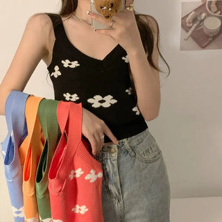Ropa De Mujer Vintage Croptop Knitted Tank Streetwear Crop Cami Y2k Summer Fashion Halter Harajuku Embroidery Korean Green Top ALODIA STORE