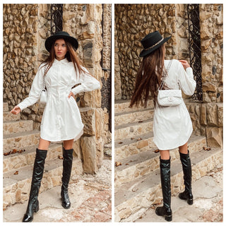 Mnealways18 Spring Summer Bodycon Dress Women Khaki Long Sleeve Pleated Shirt Dress Office Ladies Solid Lapel Casual Mini Dresss ALODIA STORE