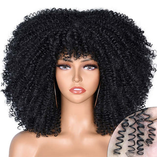 Short Afro Kinky Curly Wig With Bangs For Black Women Cosplay Lolita Natural Hair Ombre Mixed Brown Synthetic African Wigs ALODIA STORE