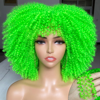 Short Afro Kinky Curly Wig With Bangs For Black Women Cosplay Lolita Natural Hair Ombre Mixed Brown Synthetic African Wigs ALODIA STORE