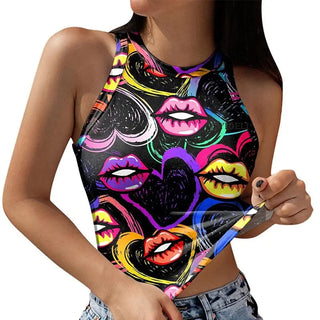 Lips Stars Printeds Summer Slim Render Short Top Sexy Women Sleeveless