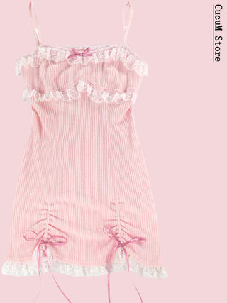 Japanese Kawaill Lolita Dress Women Bow Pink Party Mini Fashion 2 Piece Dress Set 2023 Summer ALODIA STORE