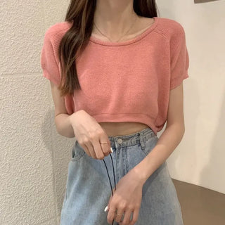 New korean version short sleeve knitted sweater thin shirt white croptop ALODIA STORE