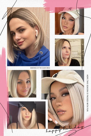 Ombre Brown Platinum Blonde Synthetic Wigs Short Straight Bob Wigs for Black Women Daily Natural Heat Resistant Hair Cosplay ALODIA STORE