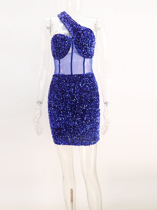 Kricesseen Sexy Glitter Sequined Mesh Patchwork Mini Dress Summer Women Sleeveless One Shoulder Bodycon Night Clubwear Dress ALODIA STORE