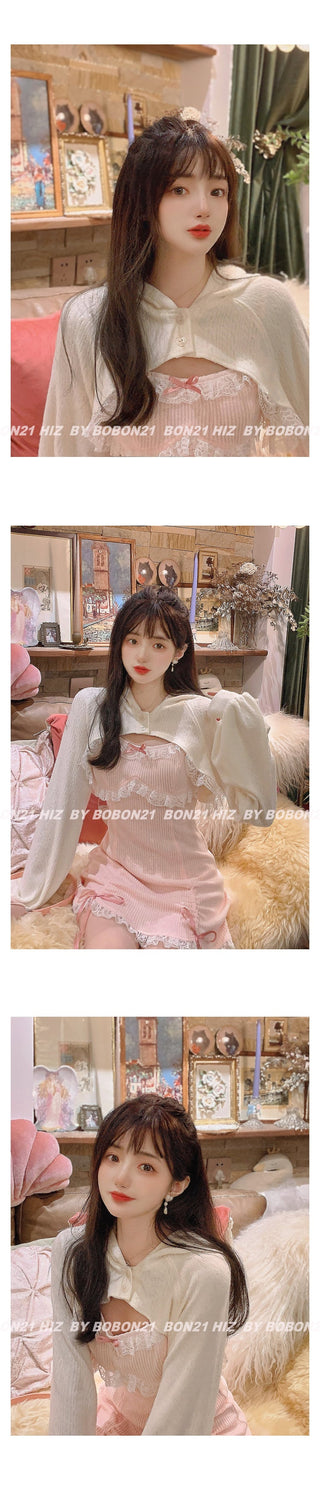 Japanese Kawaill Lolita Dress Women Bow Pink Party Mini Fashion 2 Piece Dress Set 2023 Summer ALODIA STORE