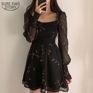Sexy Black Dress Vintage Flower Long Puff Sleeve Chiffon Dresses ALODIA STORE