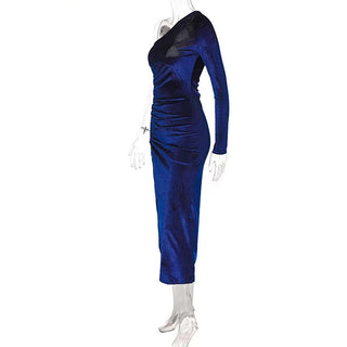 New Solid Long Sleeve One Shoulder Ruched Slit Velvet Midi Dress Sexy Party Club Elegant Bodycon Dresses Femme Robe Longue ALODIA STORE
