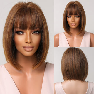 Pelucas sintéticas cortas y rectas para mujeres, cabello falso resistente al calor, Rubio a marrón, Ombre, Bob con flequillo, fiesta de Cosplay diaria ALODIA STORE