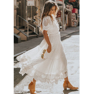 Hollow Out White Dress Sexy Women Long Lace Dress Cross Semi-Sheer Plunge V-Neck Short Sleeve Lace Maxi Dress Simple Solid ALODIA STORE